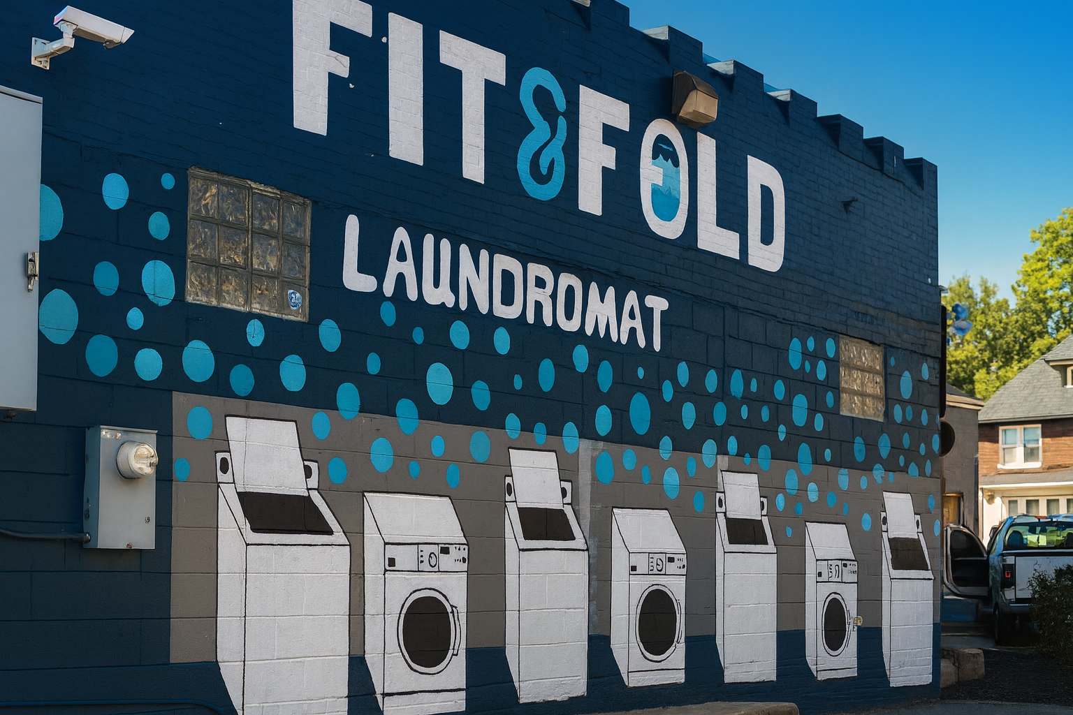 Fit & Fold Laundromat storefront exterior in Detroit showing clean modern building with blue signage