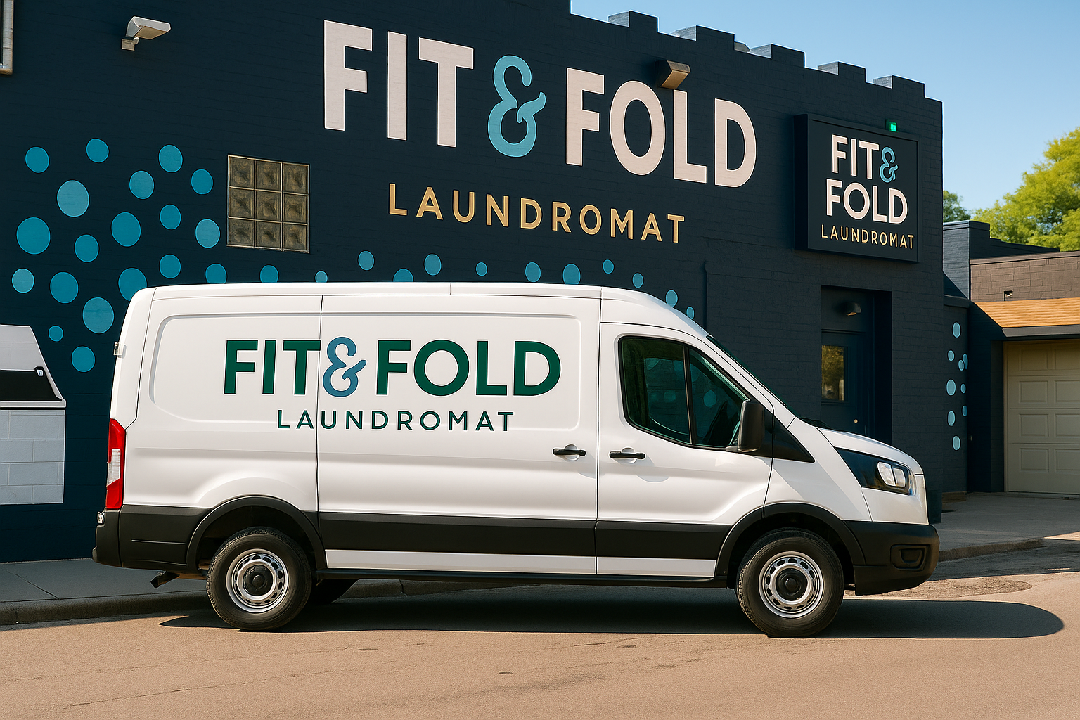 Fit & Fold Laundromat delivery van and storefront exterior on 2nd Ave Detroit MI offering pickup delivery service